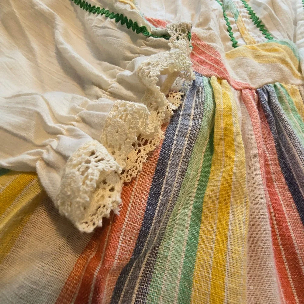 Vintage 50s 60s Cinderella Peasant Dress Girls 8 White Rainbow Stripe Boho Lace